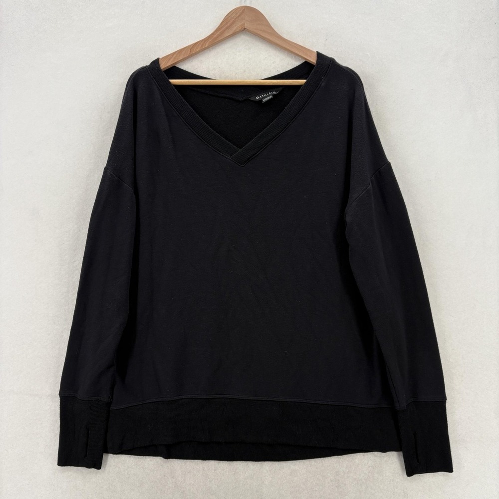Athleta Coaster Luxe V Neck Sweatshirt Womens L Black Plush Nirvana Modal Fleece